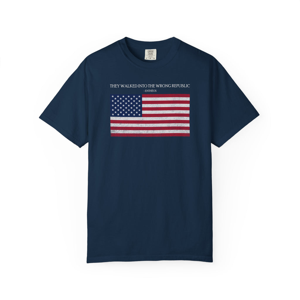 True Navy Comfort Colors t-shirt with distressed American flag graphic and 'They Walked Into the Wrong Republic' quote from Entheos