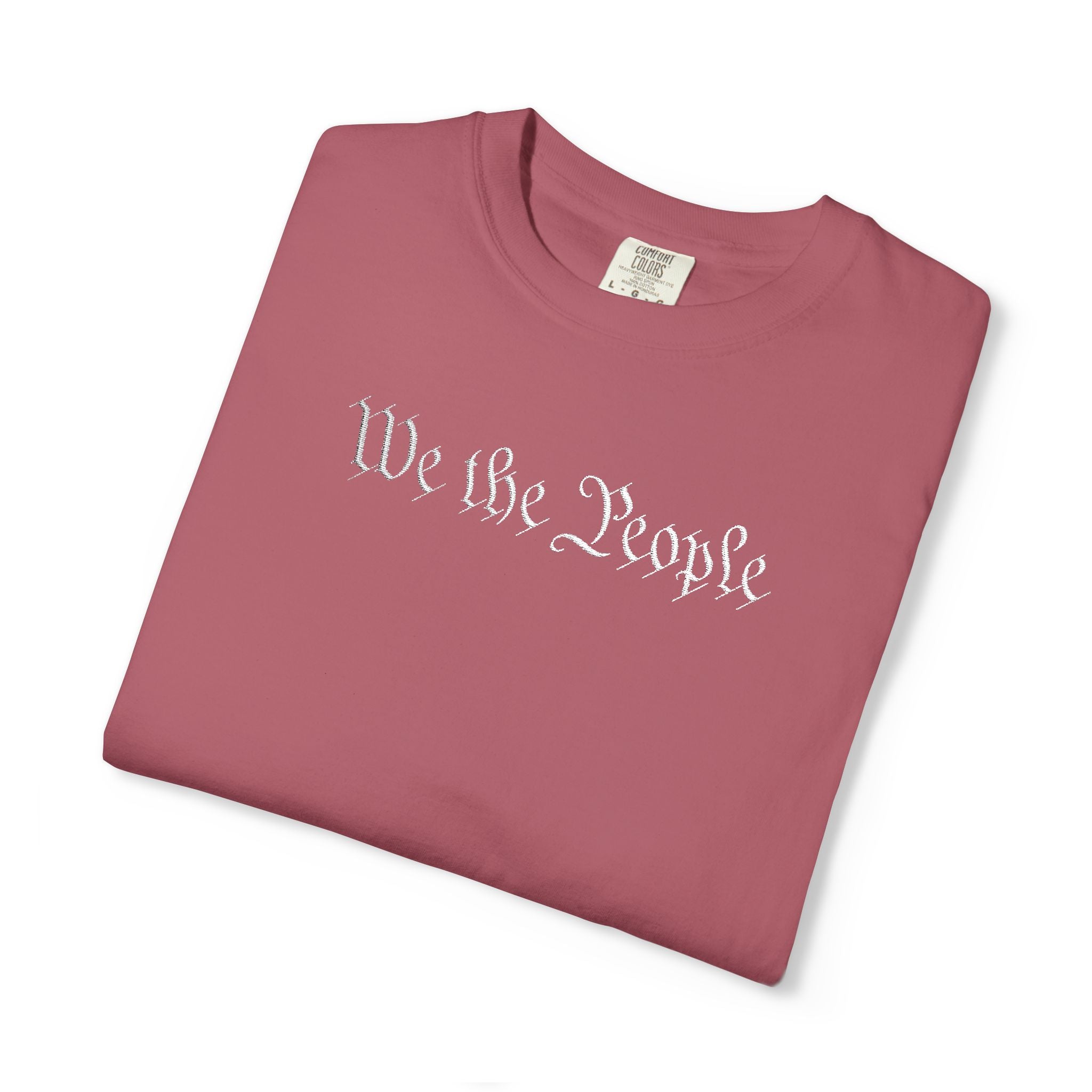 We the People embroidered patriotic t-shirt in crimson, folded