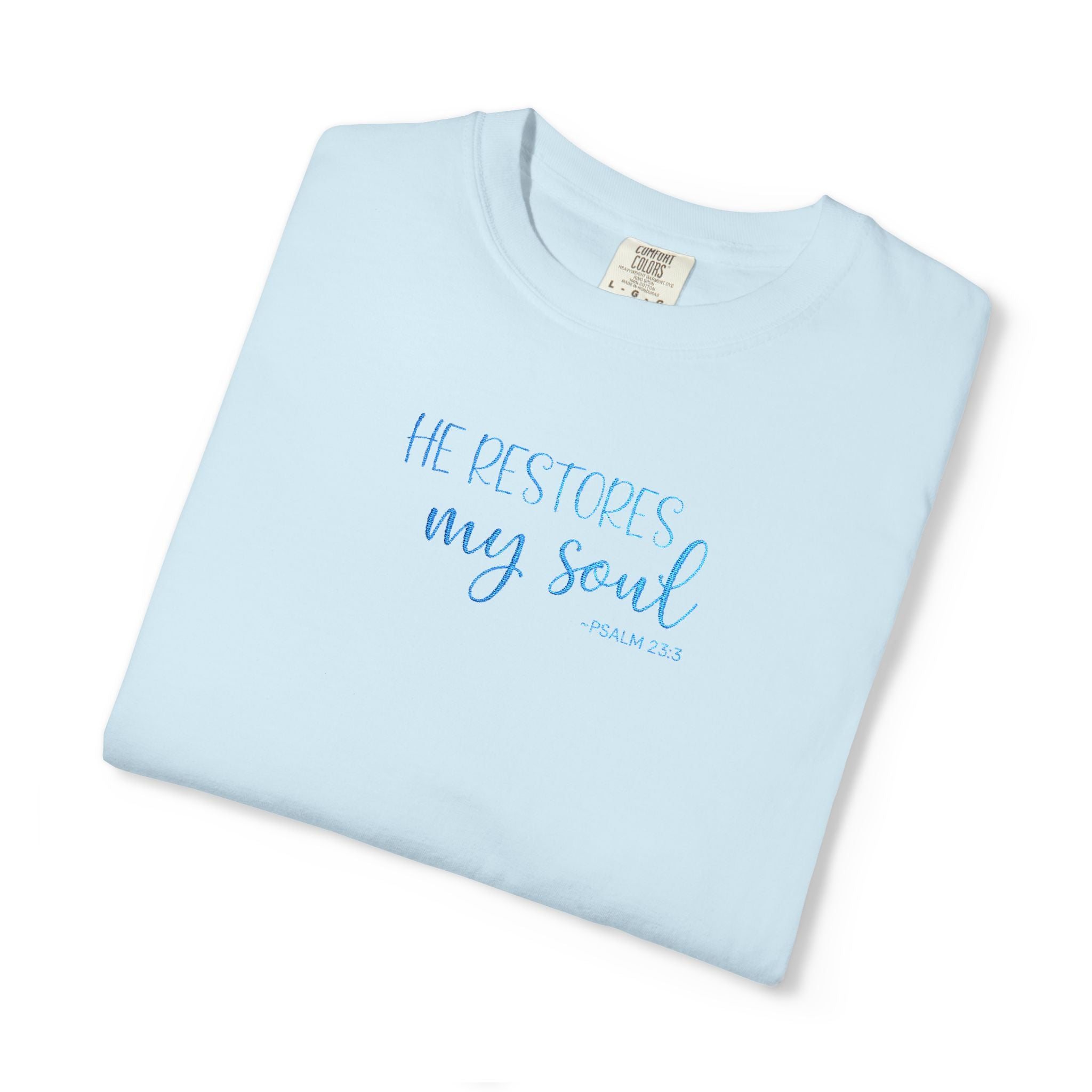 chambray 'He Restores My Soul' t-shirt embroidered with cornflower blue thread, Psalm 23:3 design, folded