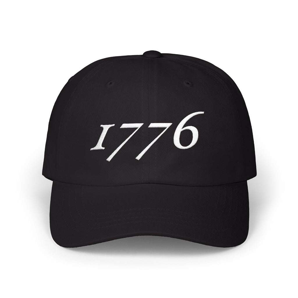 1776 embroidered dad cap in white thread on classic low-profile hat, patriotic America 250 design in black