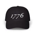 1776 embroidered dad cap in white thread on classic low-profile hat, patriotic America 250 design in black