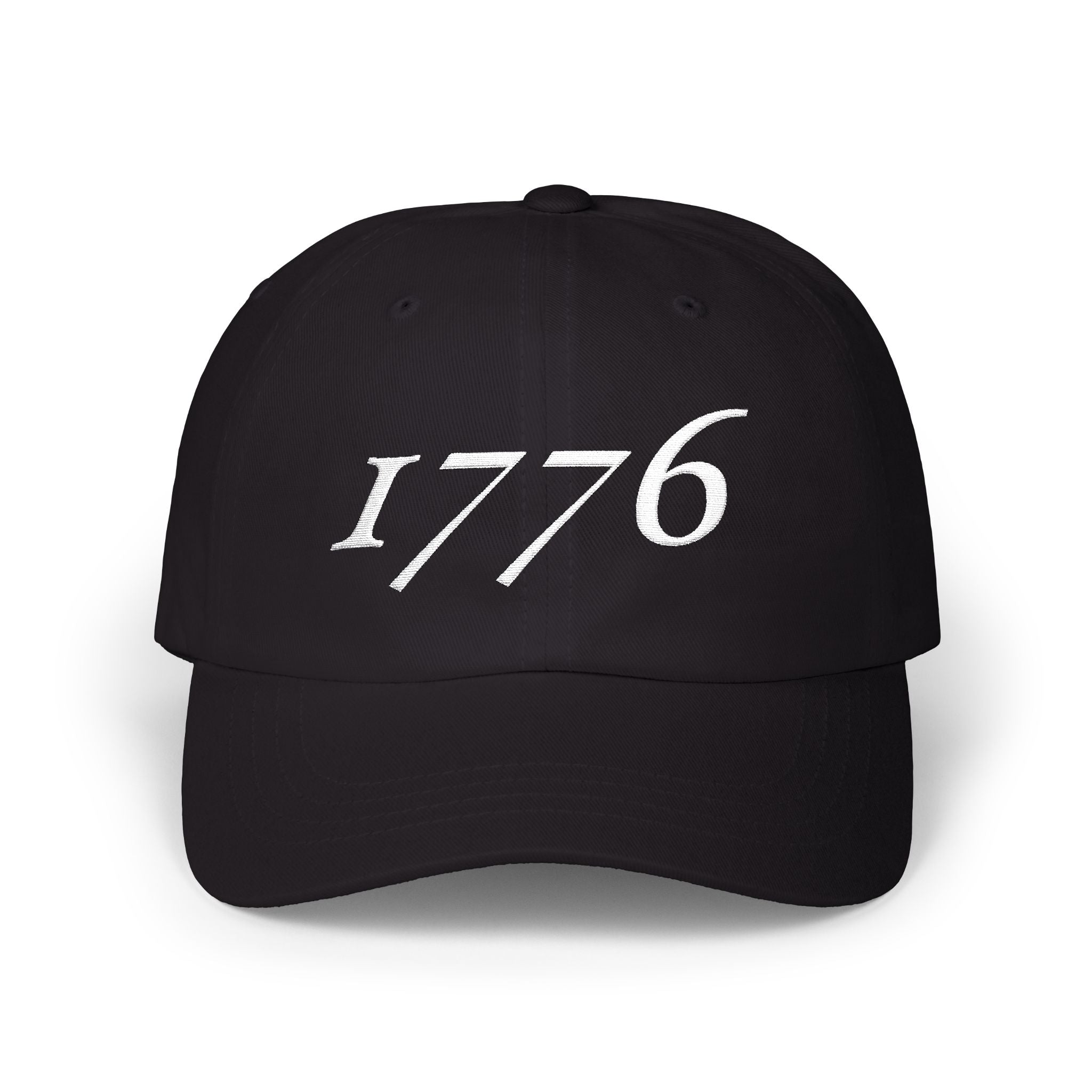 1776 embroidered dad cap in white thread on classic low-profile hat, patriotic America 250 design in black