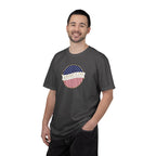 Man wearing a Graphite Comfort Colors t-shirt with an America 250 design with text 'America 250 Welcome to the Golden Age'