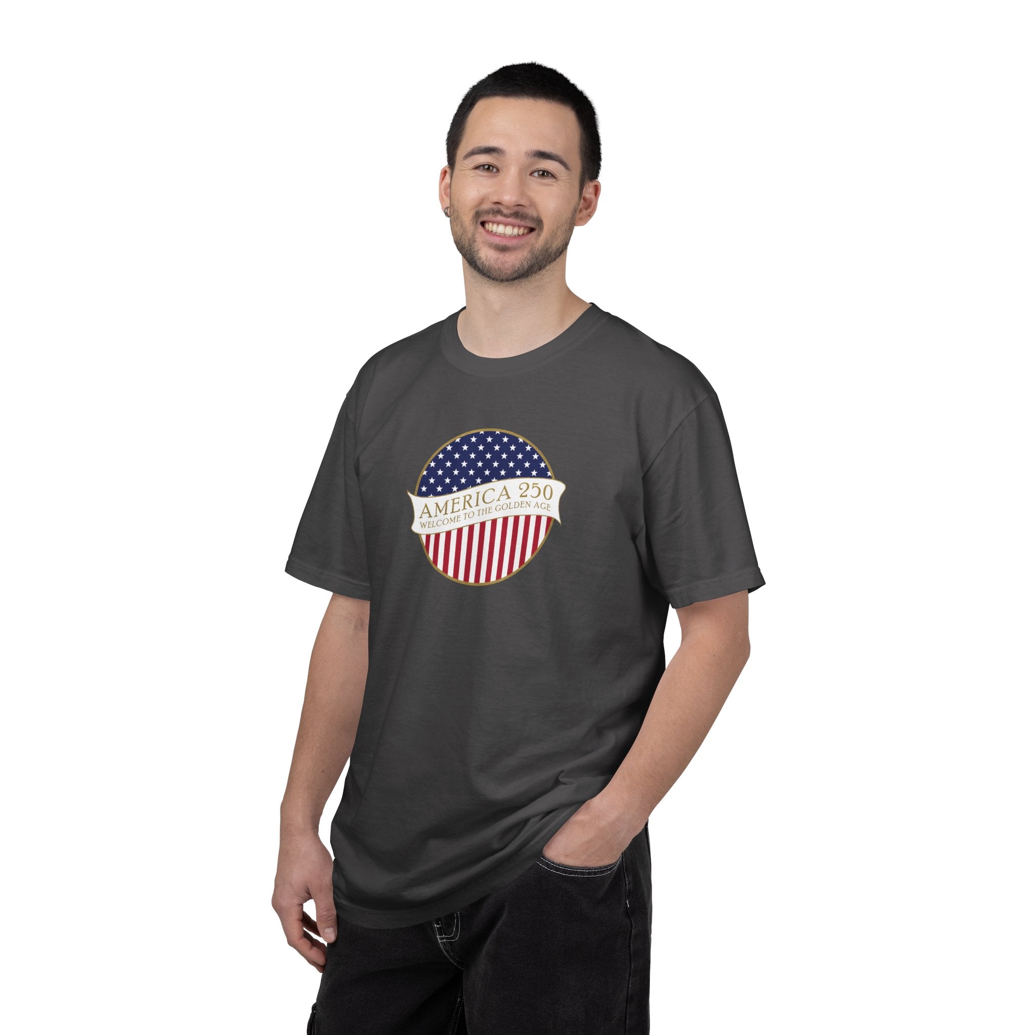 Man wearing a Graphite Comfort Colors t-shirt with an America 250 design with text 'America 250 Welcome to the Golden Age'