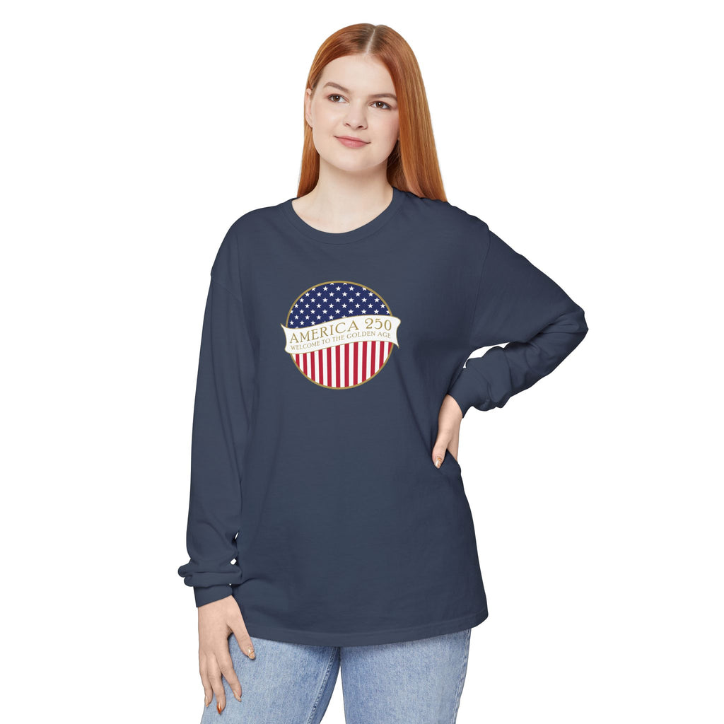 Woman wearing a long sleeve Midnight Comfort Colors t-shirt with America 250 design