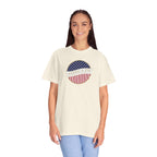 Smiling woman wearing an oversized Ivory Comfort Colors t-shirt with an America 250 design with text 'America 250 Welcome to the Golden Age'