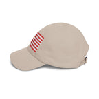 Side view of stone cap with embroidered Betsy Ross Flag