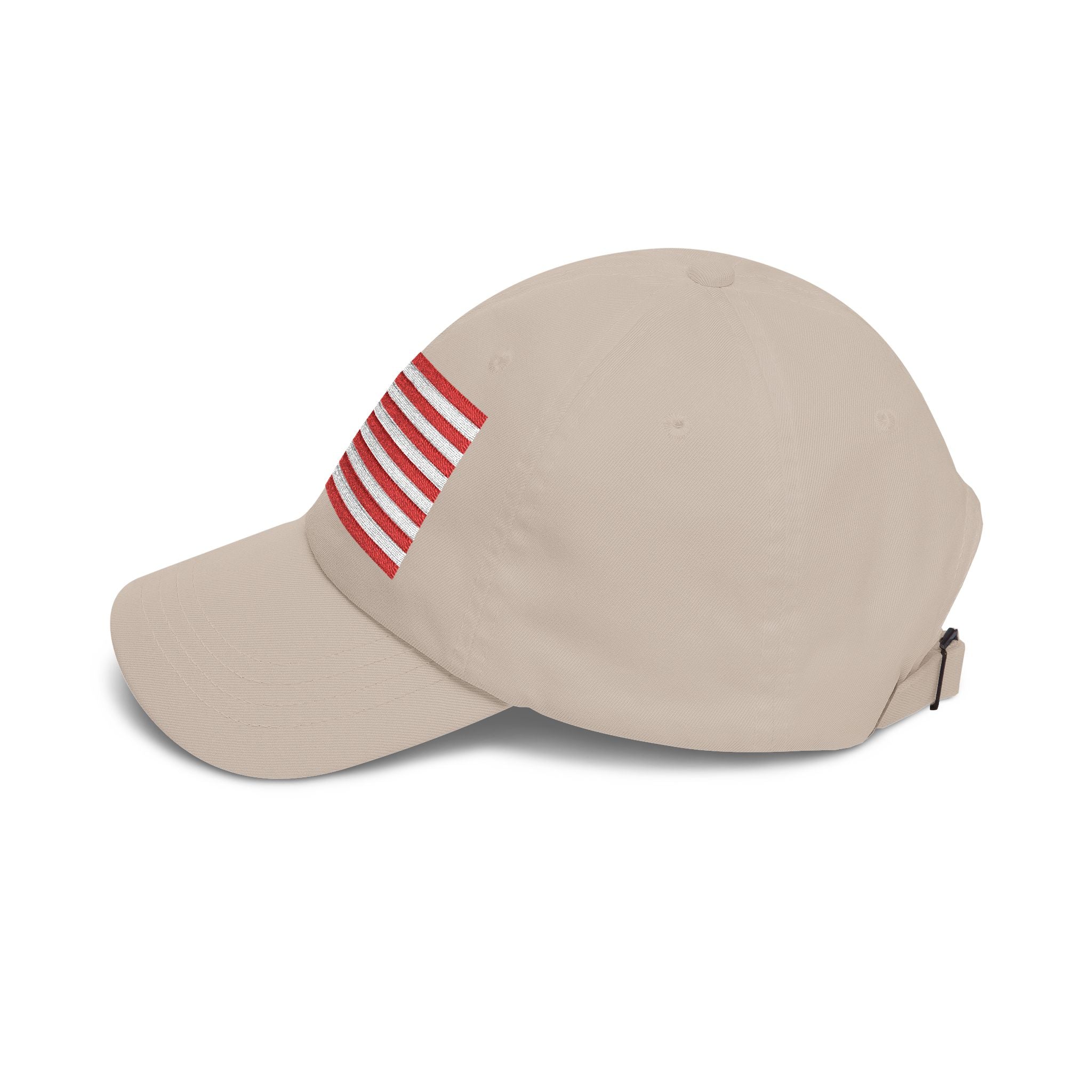 Side view of stone cap with embroidered Betsy Ross Flag