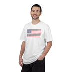 Male model wearing distressed 1776 Betsy Ross flag t-shirt in white