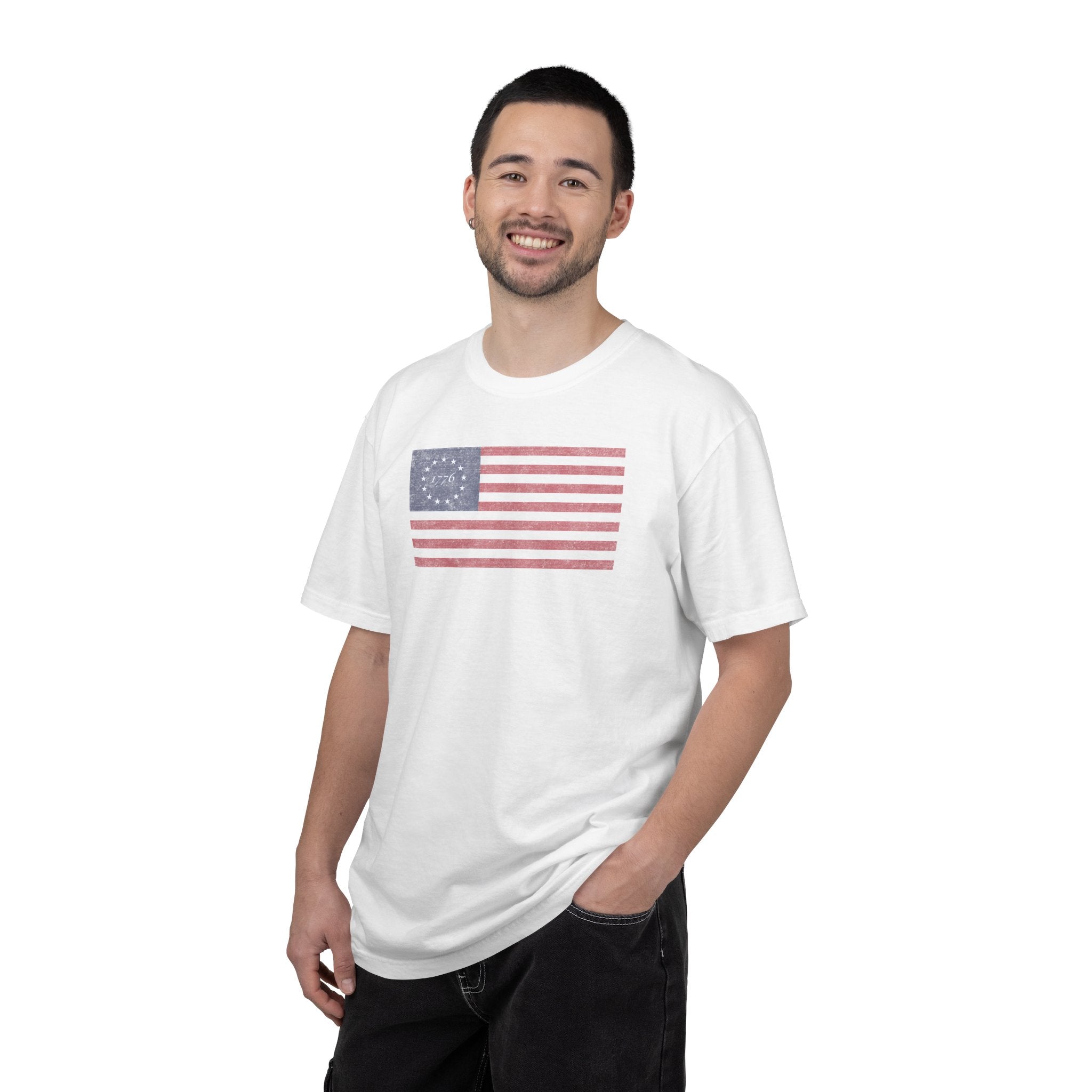 Male model wearing distressed 1776 Betsy Ross flag t-shirt in white