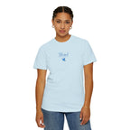 Woman wearing a Chambray Comfort Colors t-shirt with embroidered "Blessed are the Peacemakers" + dove