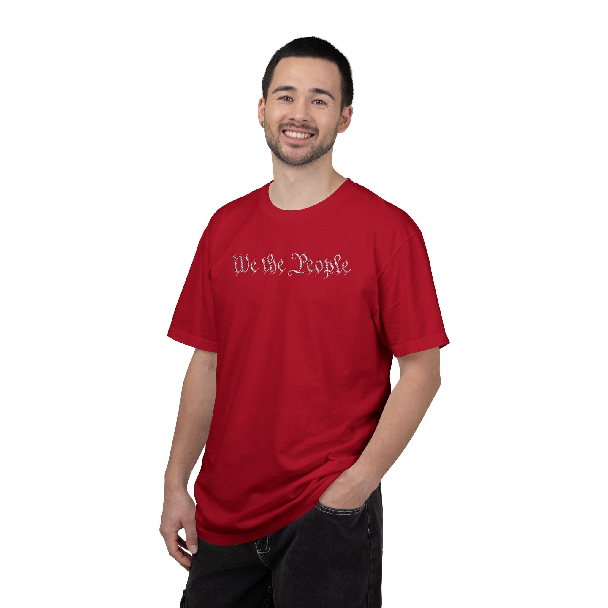 Man wearing 'We the People' embroidered t-shirt in red