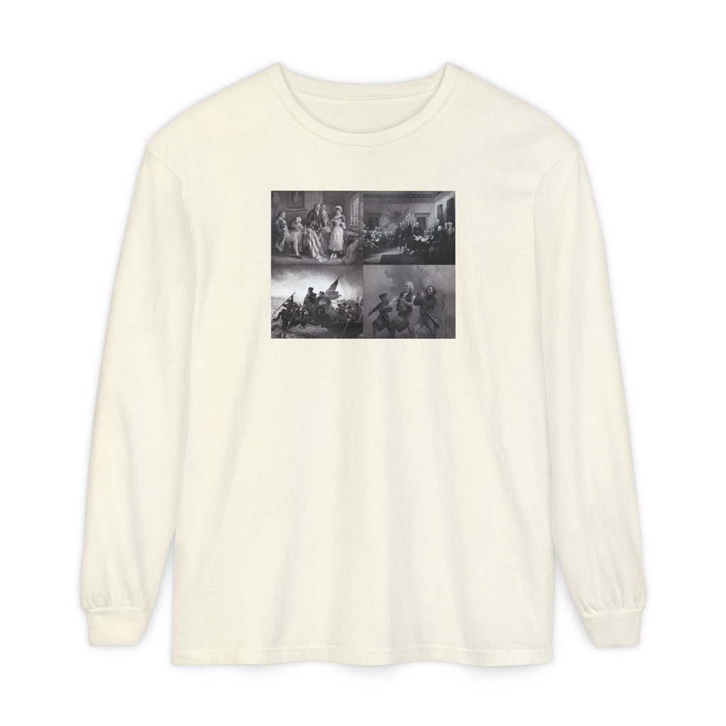 Ivory Comfort Colors t-shirt with a montage of revolutionary war era paintings