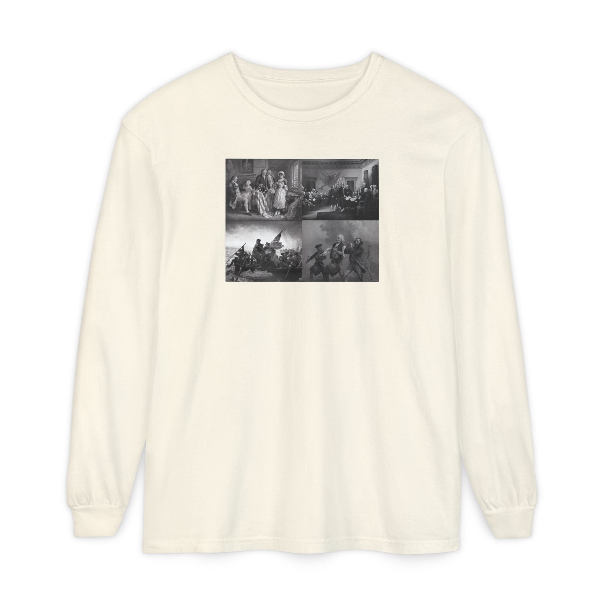Ivory Comfort Colors t-shirt with a montage of revolutionary war era paintings