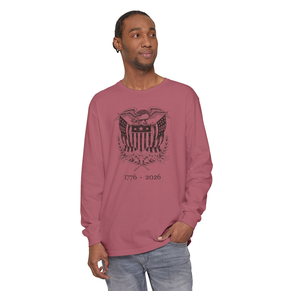 Man wearing a Crimson long sleeve United We Stand eagle t-shirt