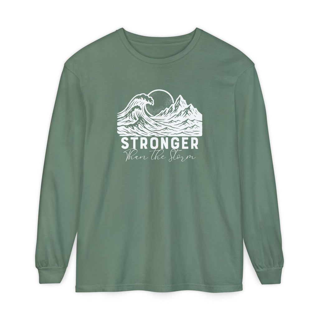 Stronger Than The Storm Christian long sleeve t-shirt in light green
