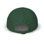 Back view of a spruce green cap with an antique brass buckle 