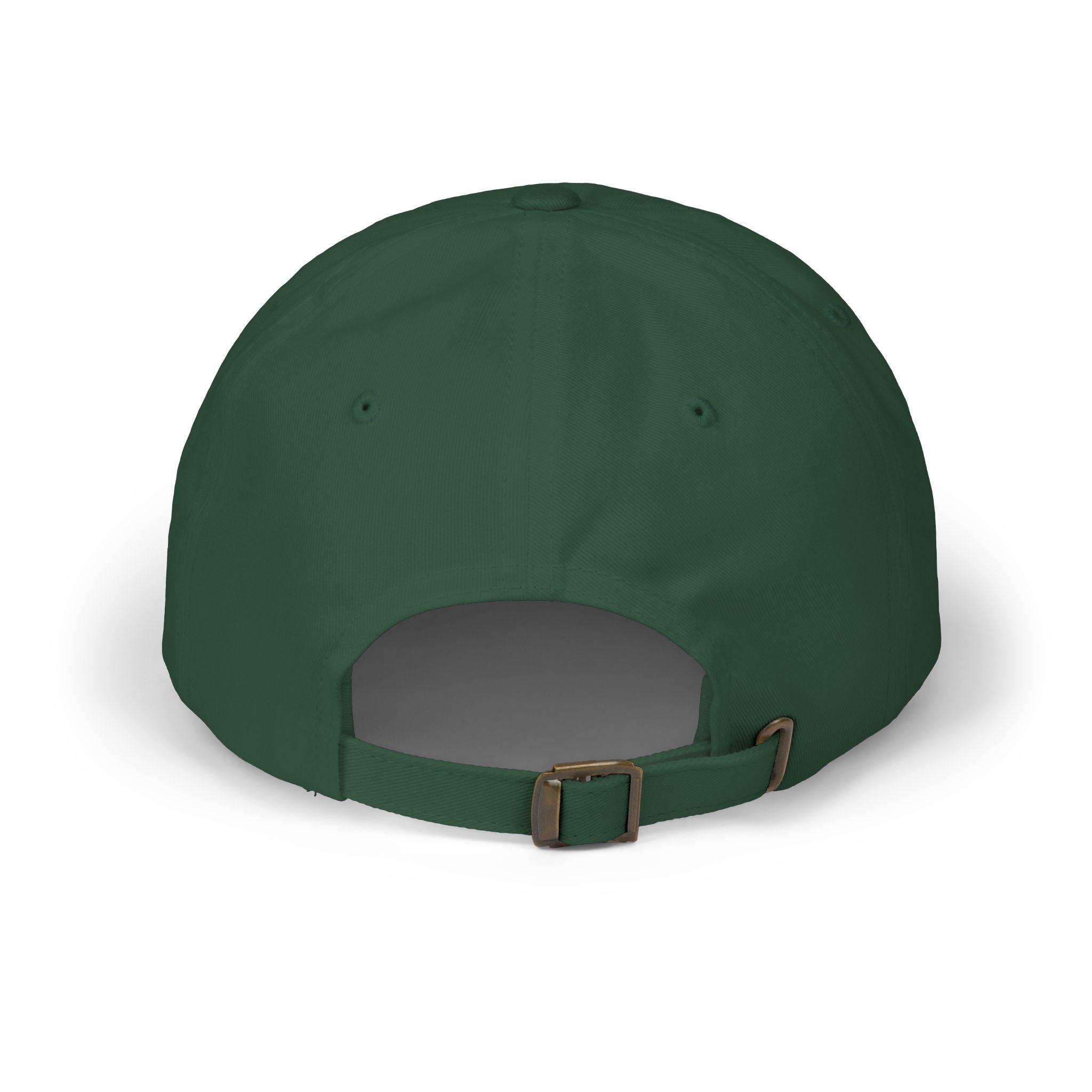 Back view of a spruce green cap with an antique brass buckle 