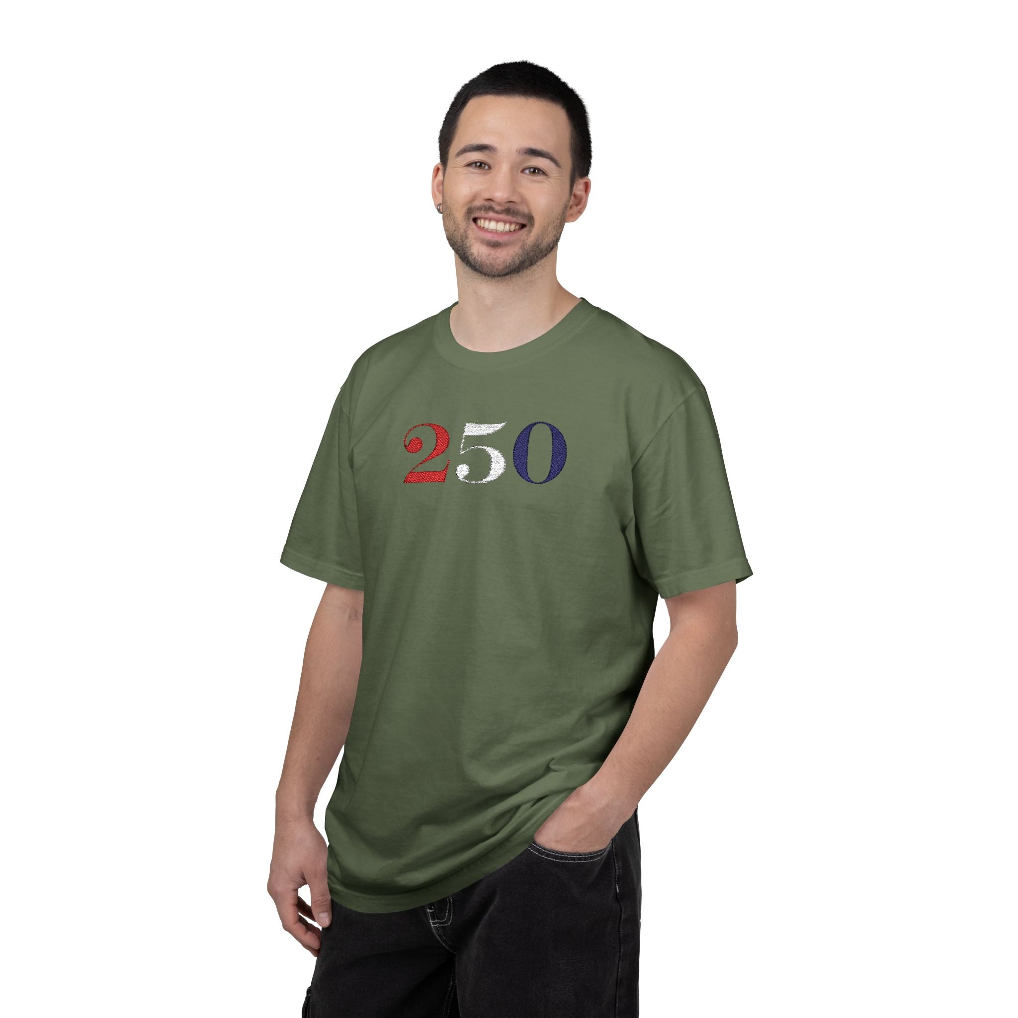 Male model wearing sage America 250 embroidered t-shirt
