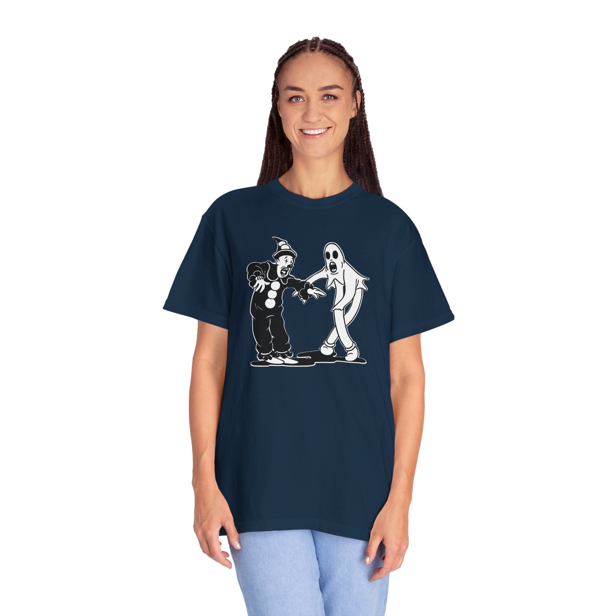 Model wearing oversized Koko the Clown Dancing Ghost t-shirt in true navy