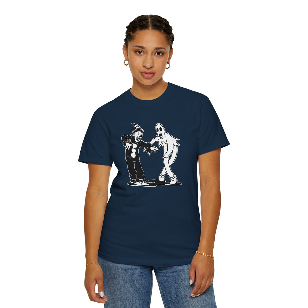 Woman wearing Koko the Clown Dancing Ghost meme t-shirt in true navy