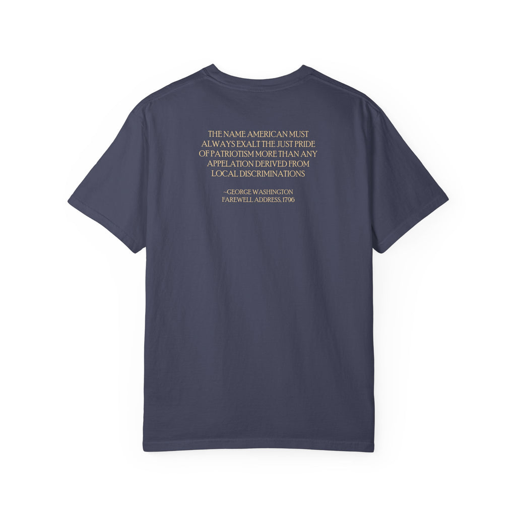 Back view of George Washington tee with Farewell Address quote spine in denim