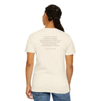 Back view woman wearing Samuel Adams tee with 'If Ye Love Wealth Better Than Liberty' quote; ivory