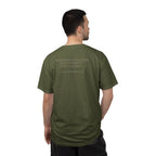 Back view of man wearing Thomas Jefferson tee with 'God Gave Us Life Gave Us Liberty' quote, hemp