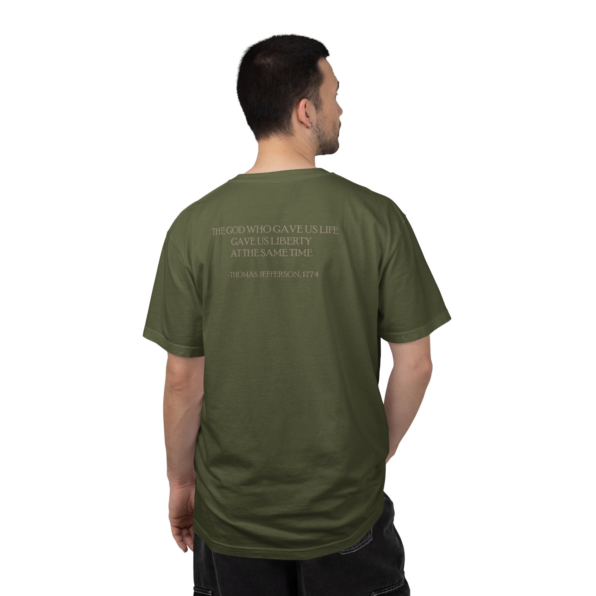 Back view of man wearing Thomas Jefferson tee with 'God Gave Us Life Gave Us Liberty' quote, hemp
