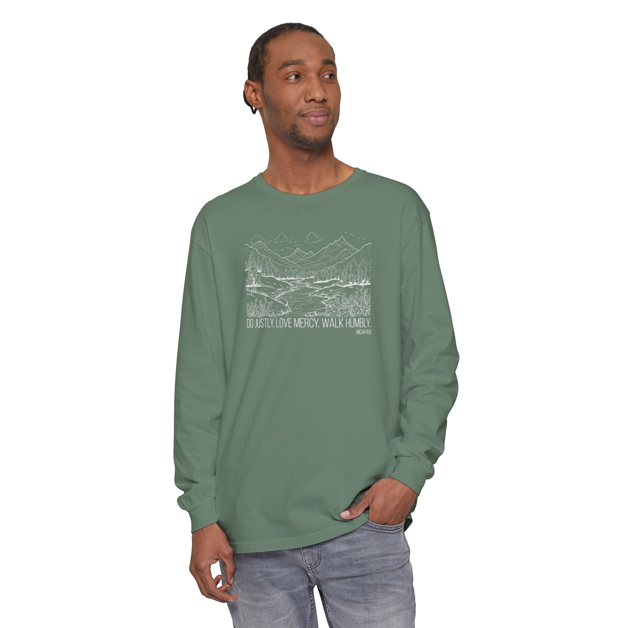 Man wearing Micah 6:8 Christian long sleeve t-shirt in light green