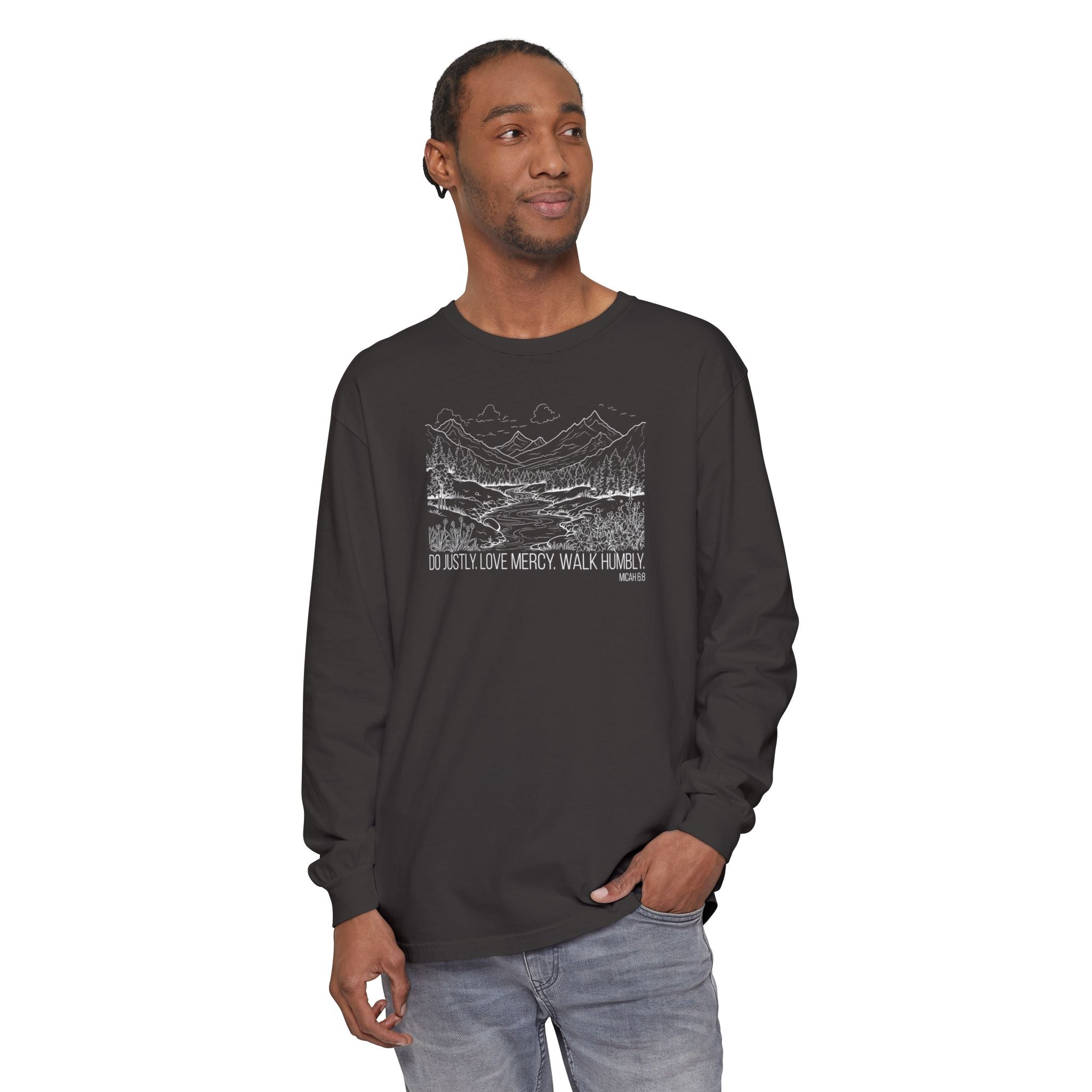 Man wearing Micah 6:8 Christian long sleeve t-shirt in Graphite