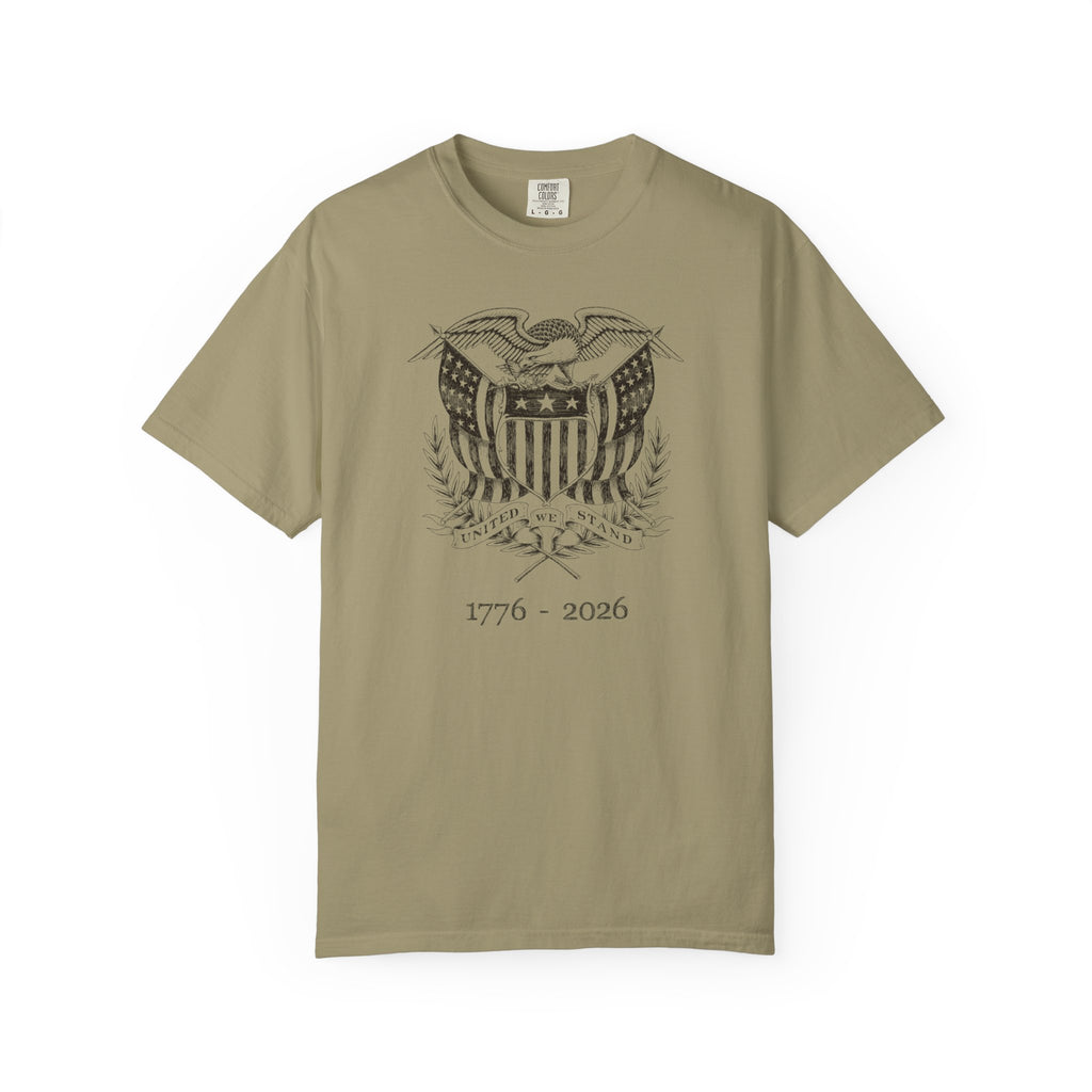 Khaki United We Stand t-shirt featuring a patriotic eagle graphic