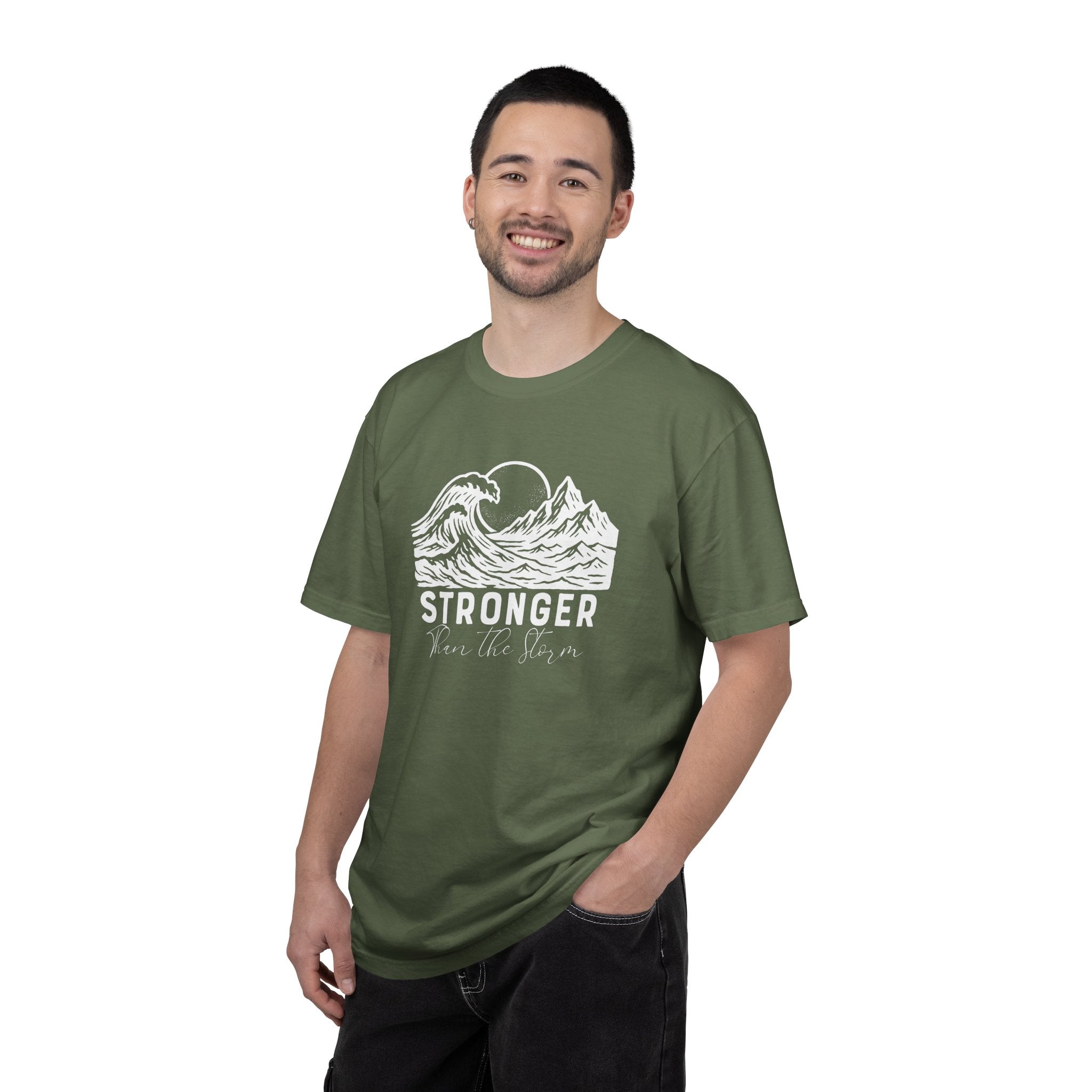 Man wearing Stronger Than The Storm faith t-shirt in Sage 