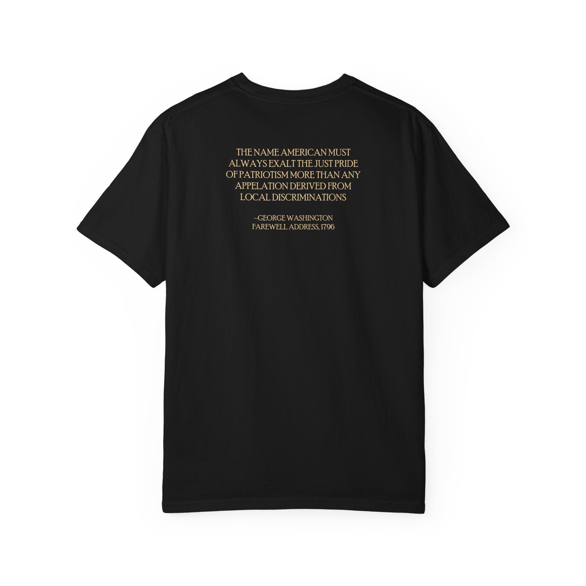 Back view of George Washington tee with Farewell Address quote spine in black