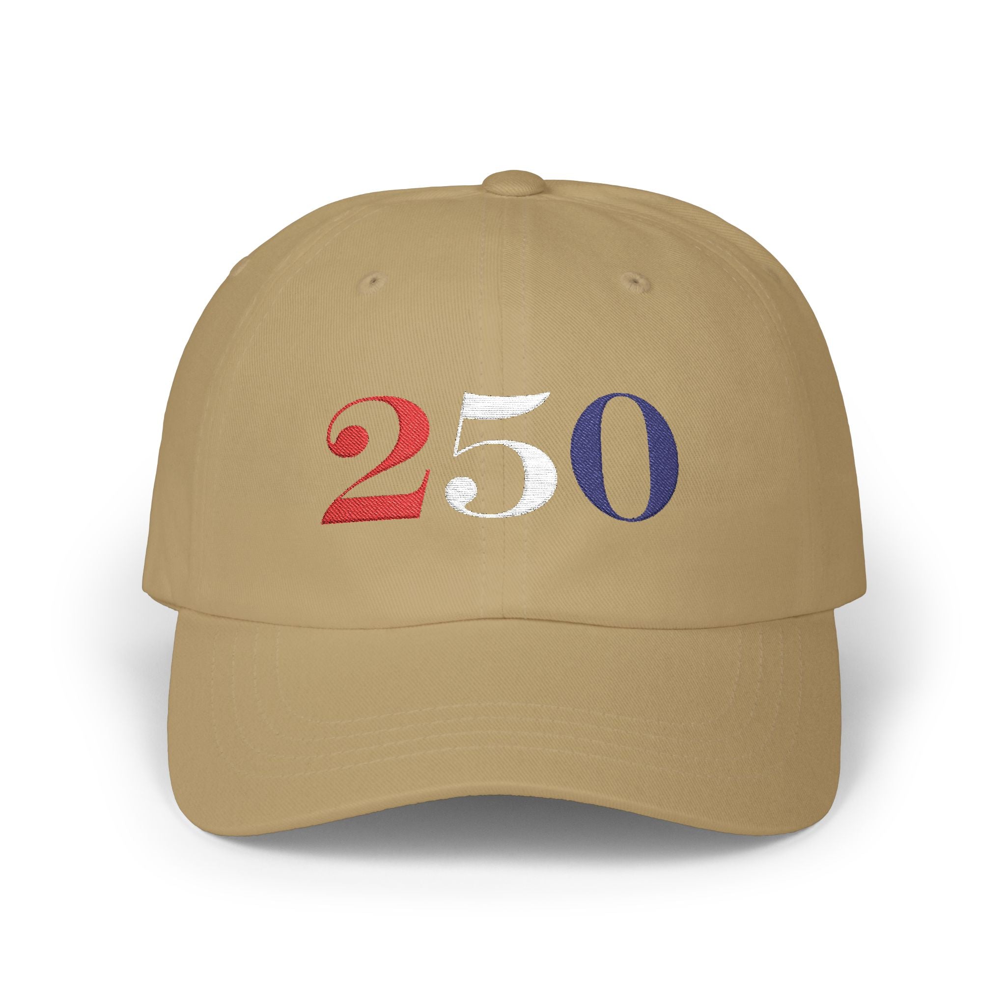 Khaki cap with '250' embroidered with red, white, & blue thread