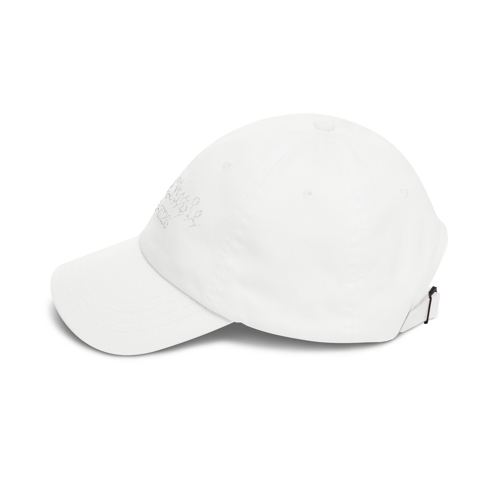 Side view of a white baseball cap against a white background