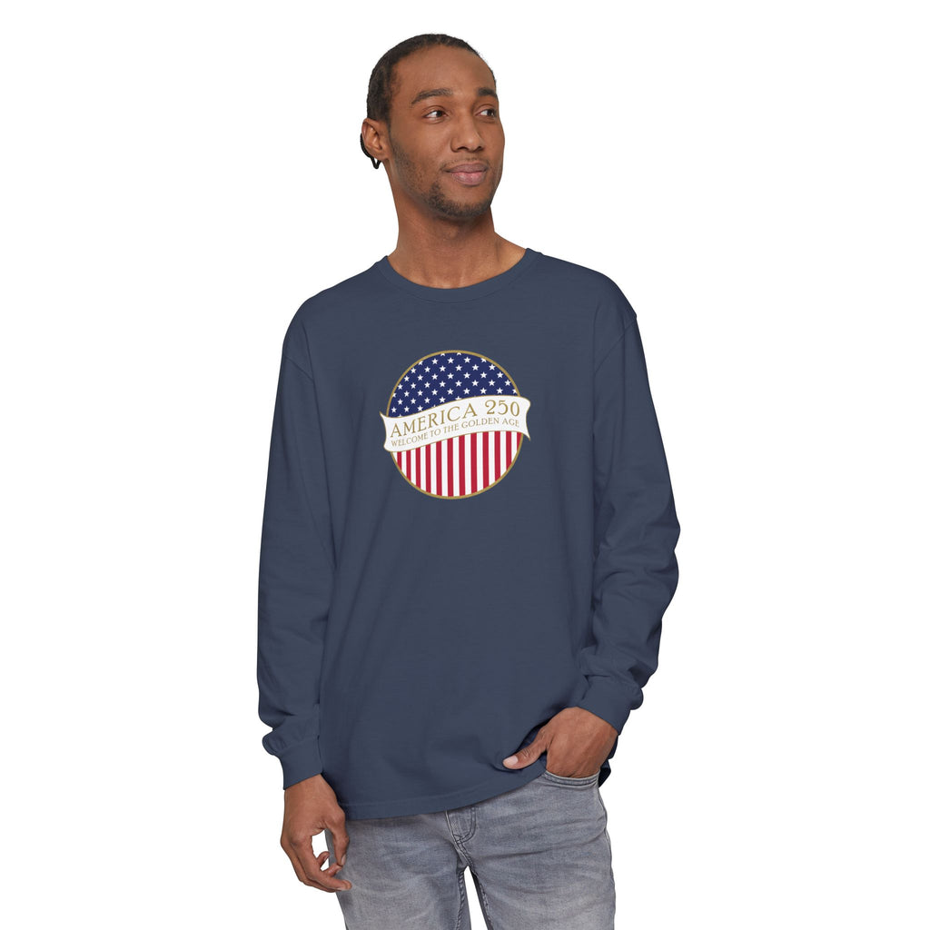 Man wearing a long sleeve Midnight Comfort Colors t-shirt with America 250 design
