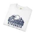 Folded Stronger Than The Storm Christian t-shirt in white with a mountain wave sun design
