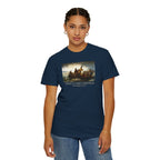 Female model wearing America's First Christmas 1776 meme t-shirt in True Navy