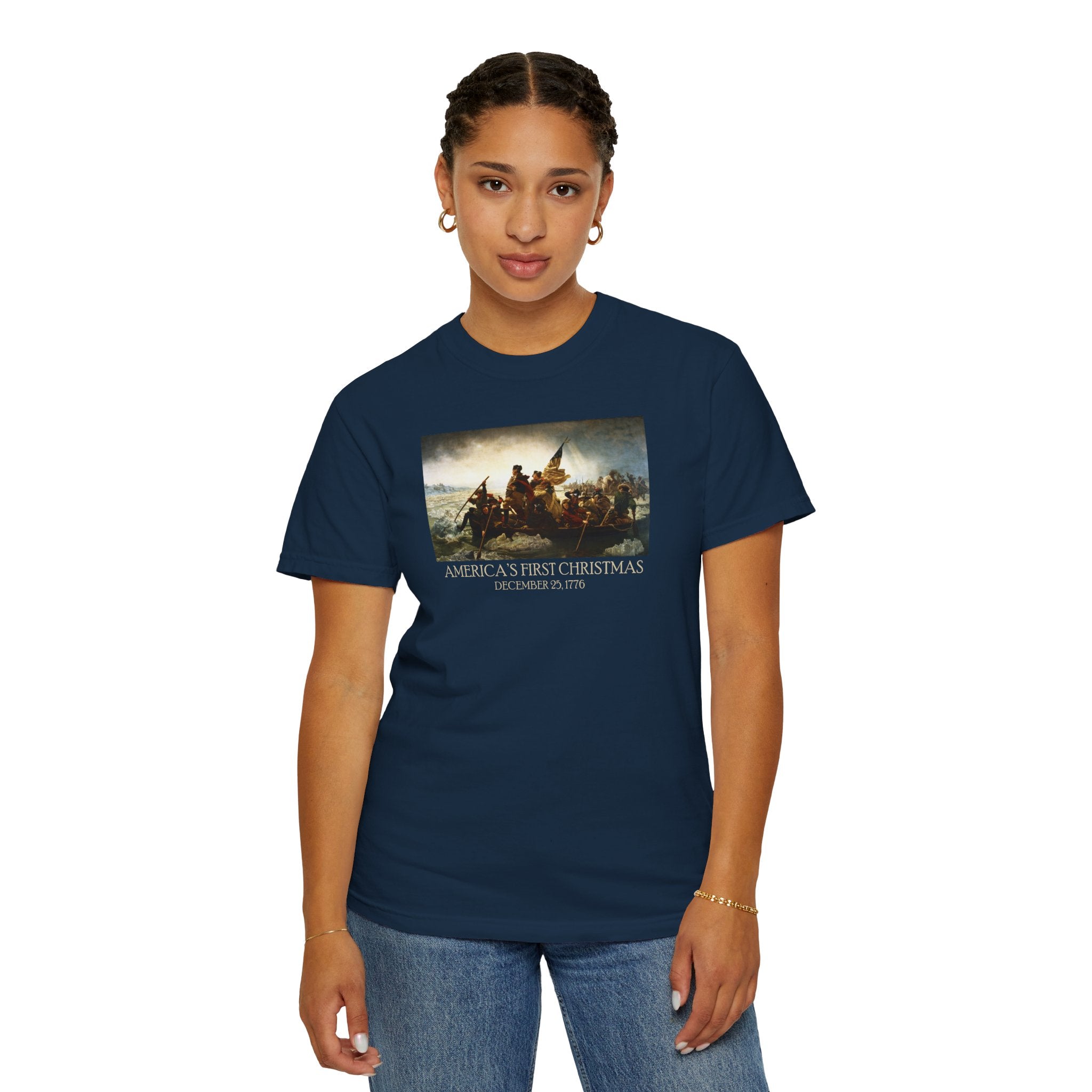 Female model wearing America's First Christmas 1776 meme t-shirt in True Navy