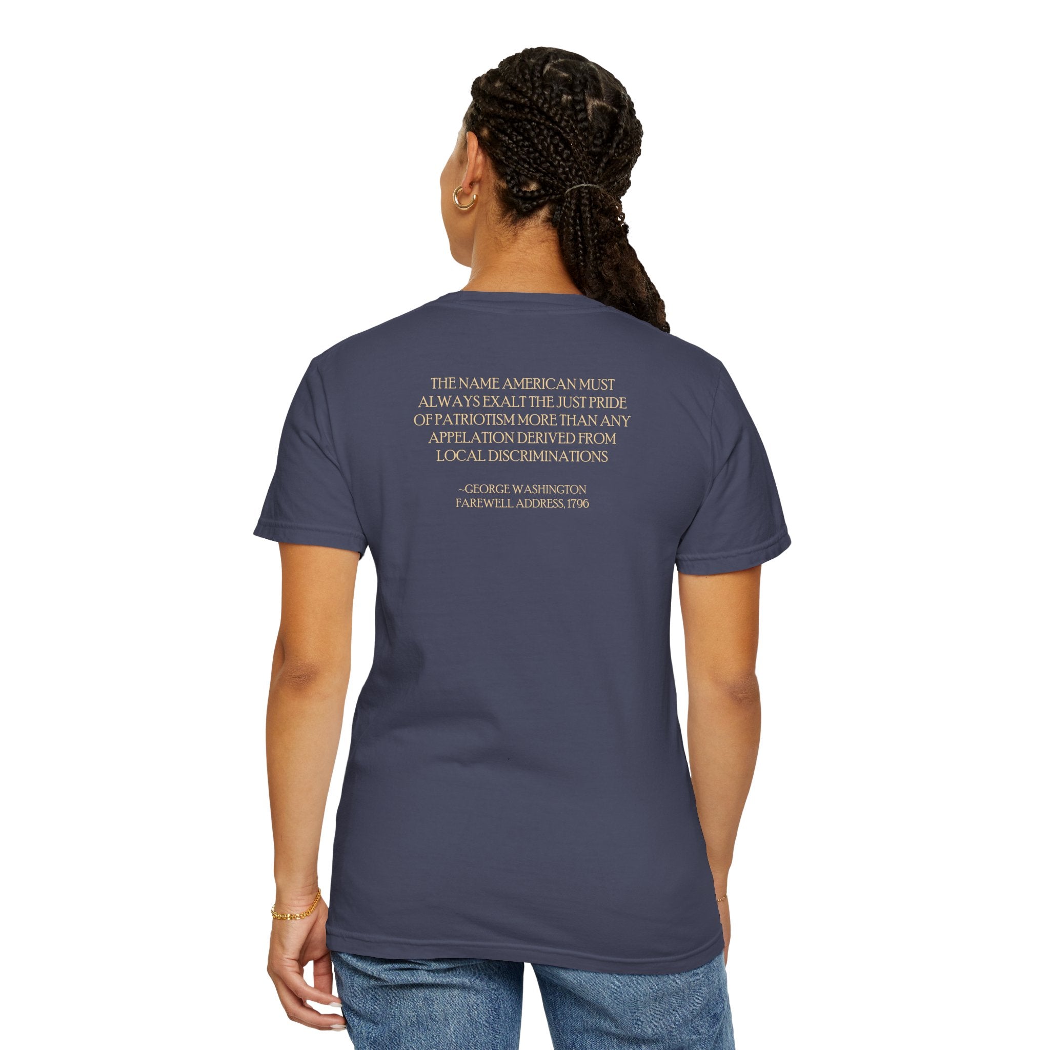 Back view of woman wearing George Washington tee with Farewell Address quote, denim