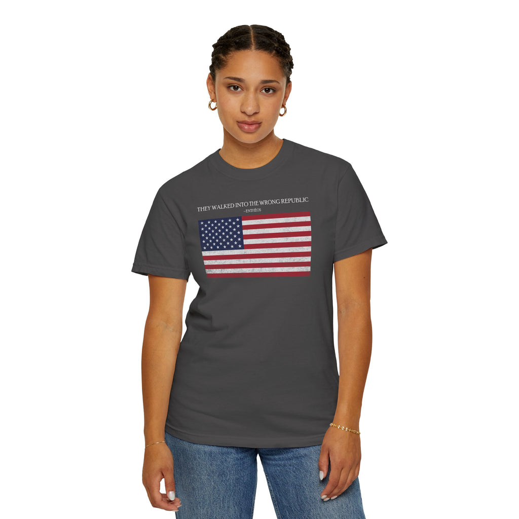 Woman wearing a Graphite Comfort Colors t-shirt with distressed American flag graphic and 'They Walked Into the Wrong Republic' quote from Entheos