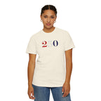 Female model wearing ivory America 250 embroidered t-shirt