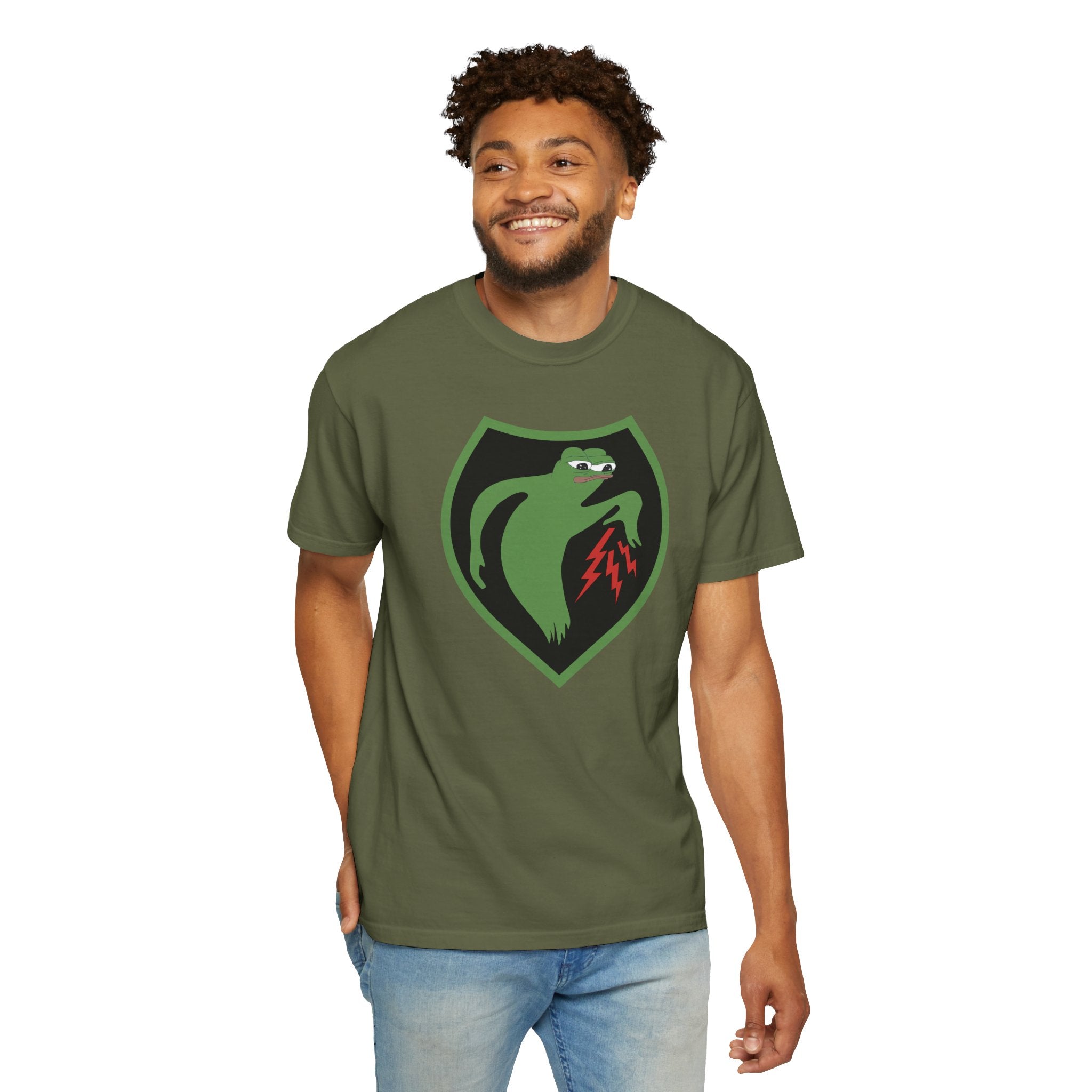 Man wearing Apu Ghost Army meme t-shirt in hemp