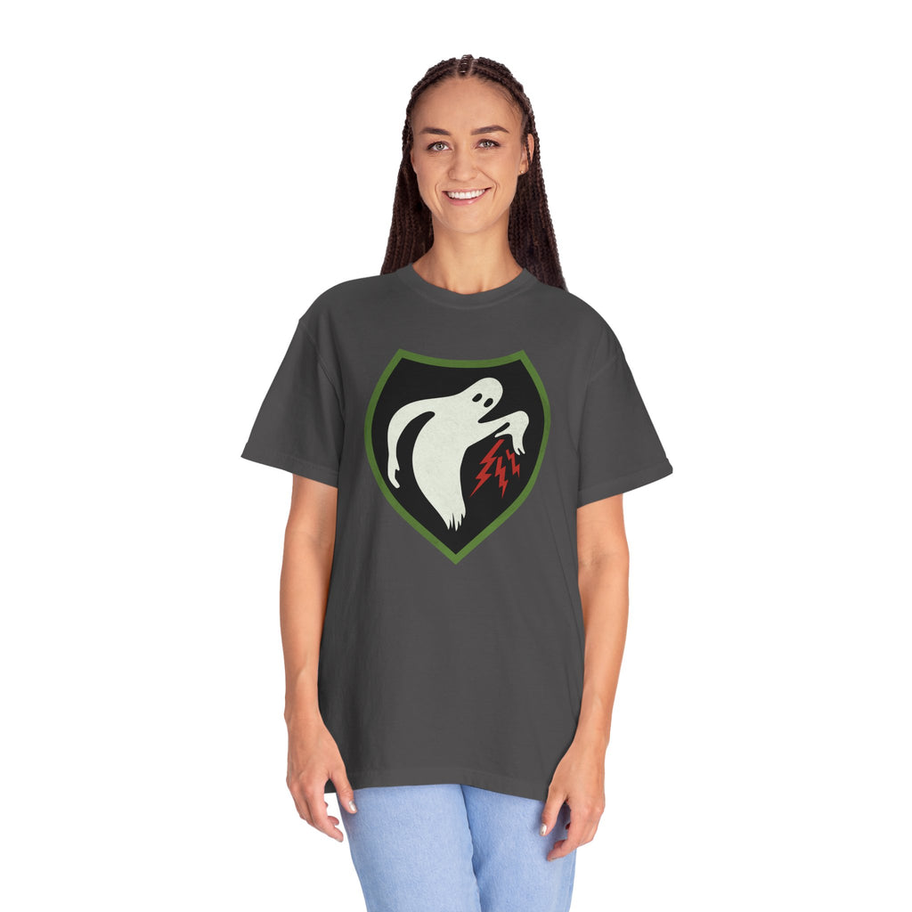 Woman wearing an oversized Ghost Army t-shirt in graphite