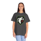 Woman wearing an oversized Ghost Army t-shirt in graphite