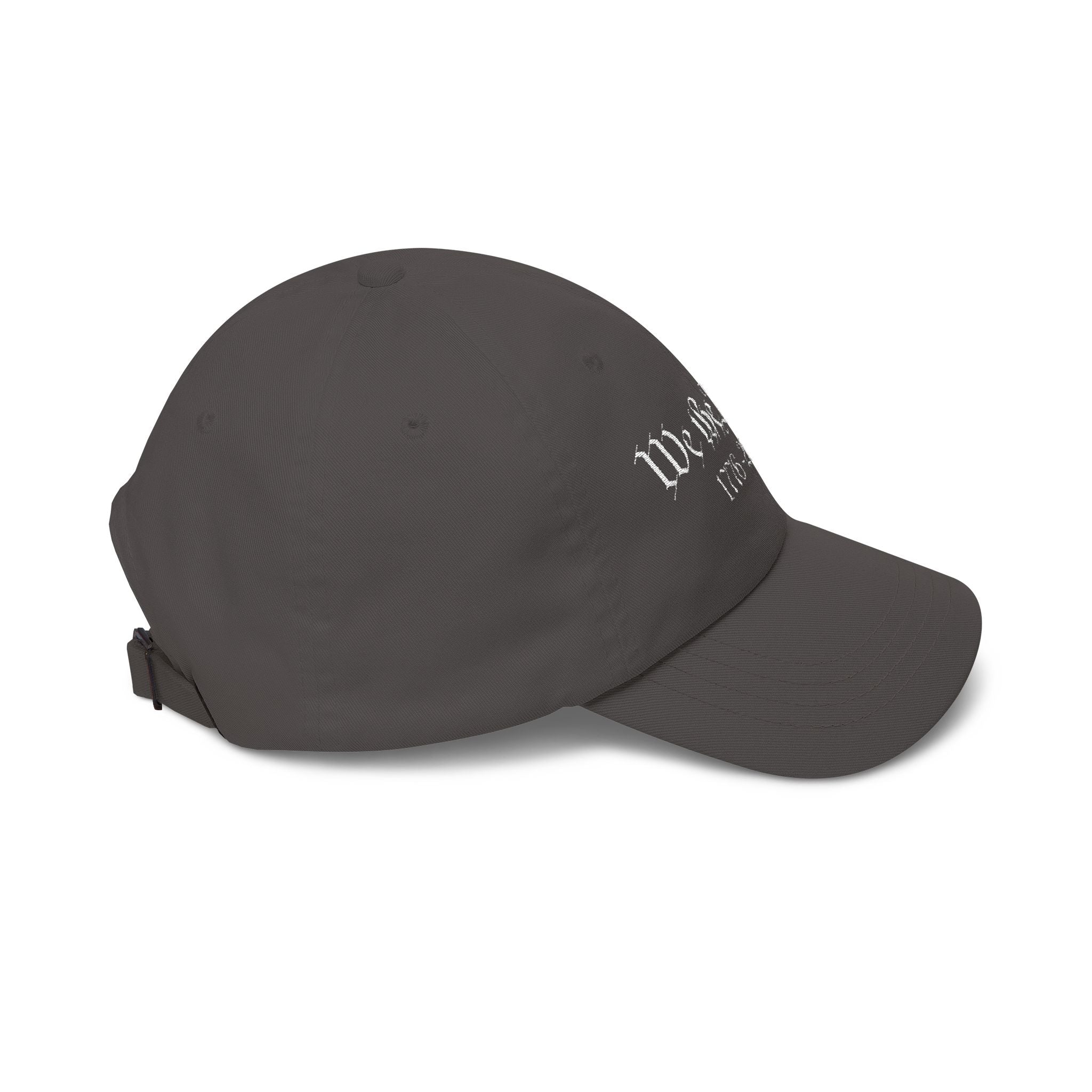 Side view of a dark grey baseball cap