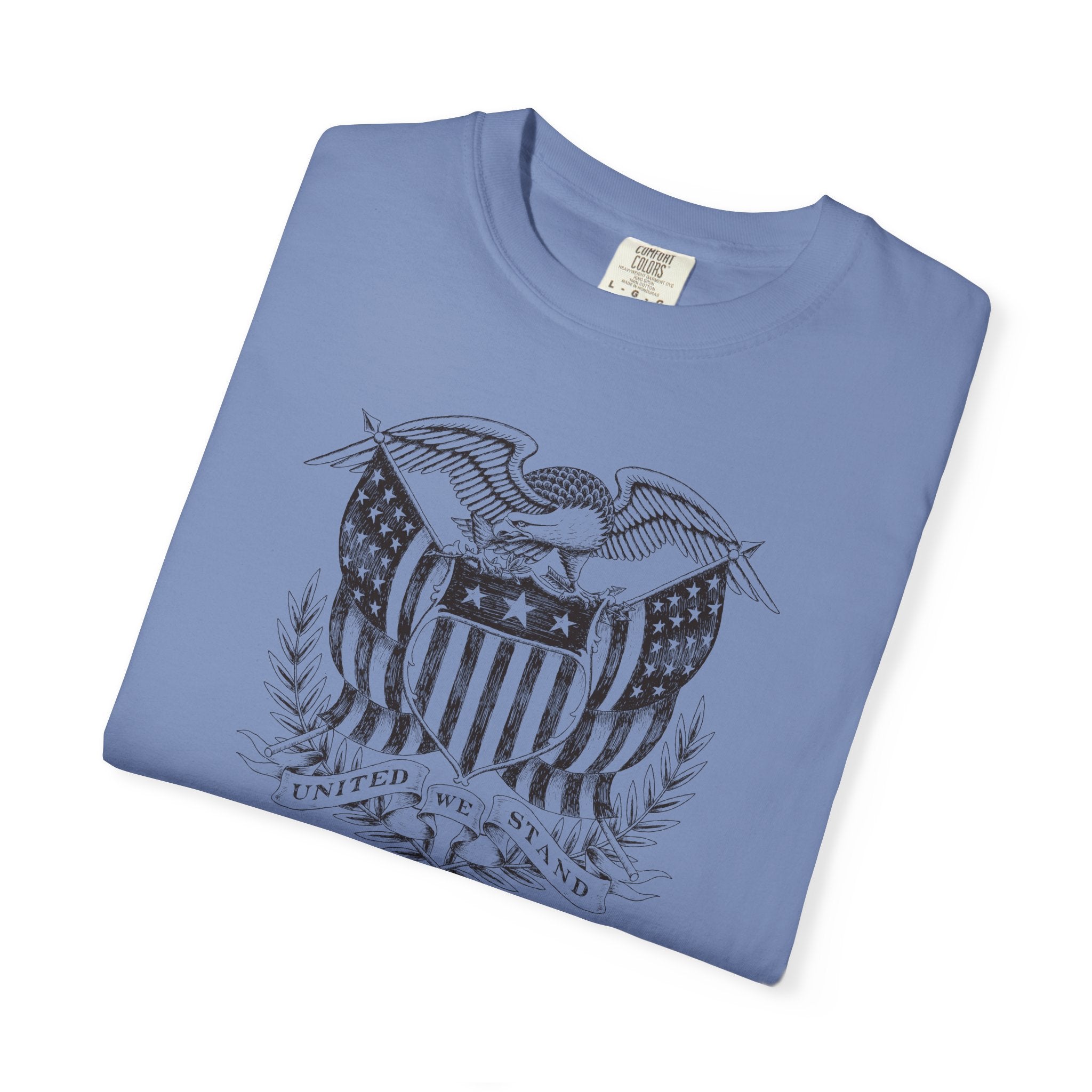 Folded washed Denim United We Stand eagle t-shirt