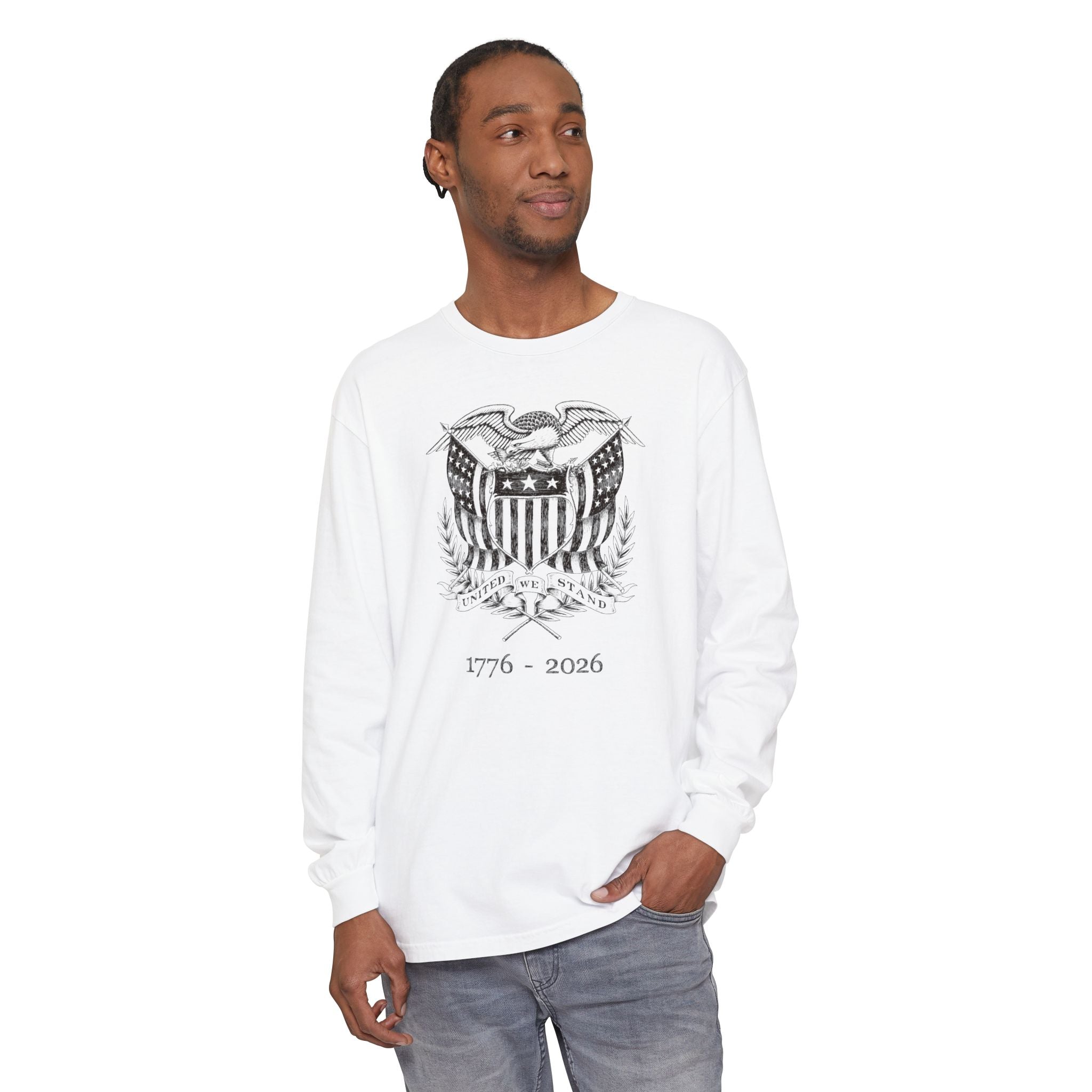 Man wearing a White long sleeve United We Stand eagle t-shirt
