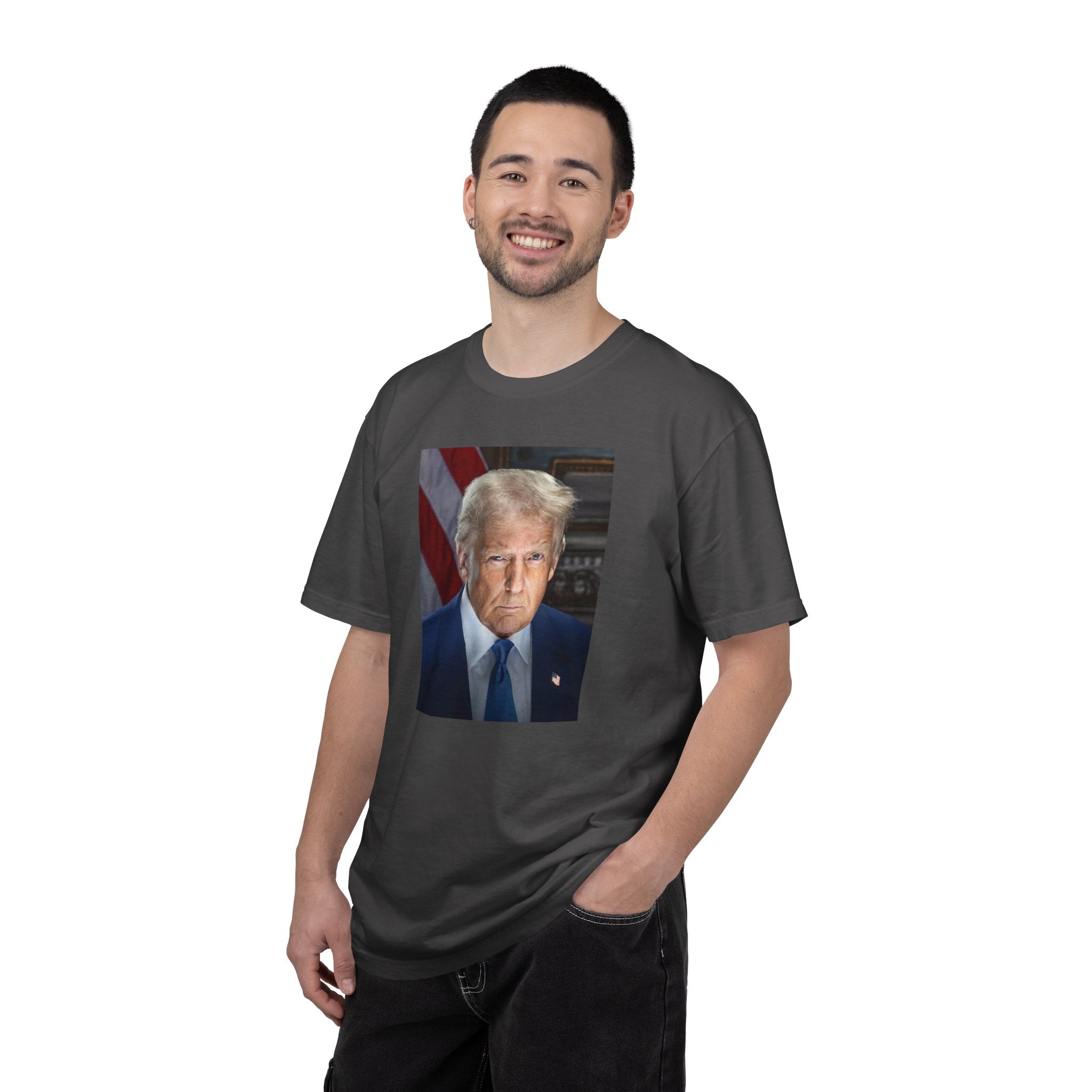 Man wearing Donald Trump 47 patriotic t-shirt in graphite